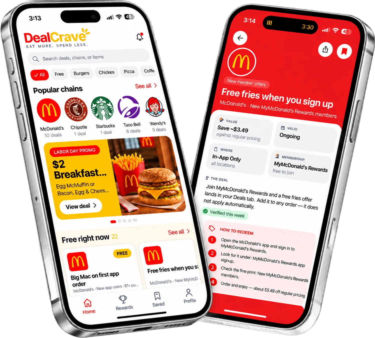 DealCrave on iPhone: the Home screen and a McDonald’s deal page